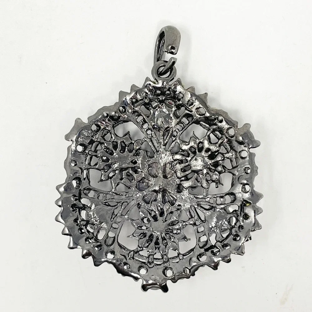 Gunmetal Filigree Pendant Red Clear Rhinestones Gothic Mandala Witchy Dark Fairy